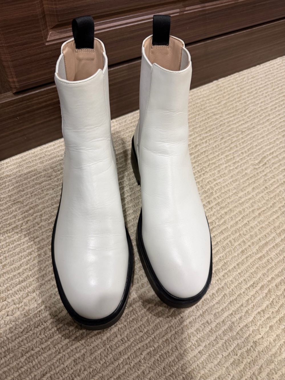 Stuart Weitzman White Leather Ankle Boots with Black Sole